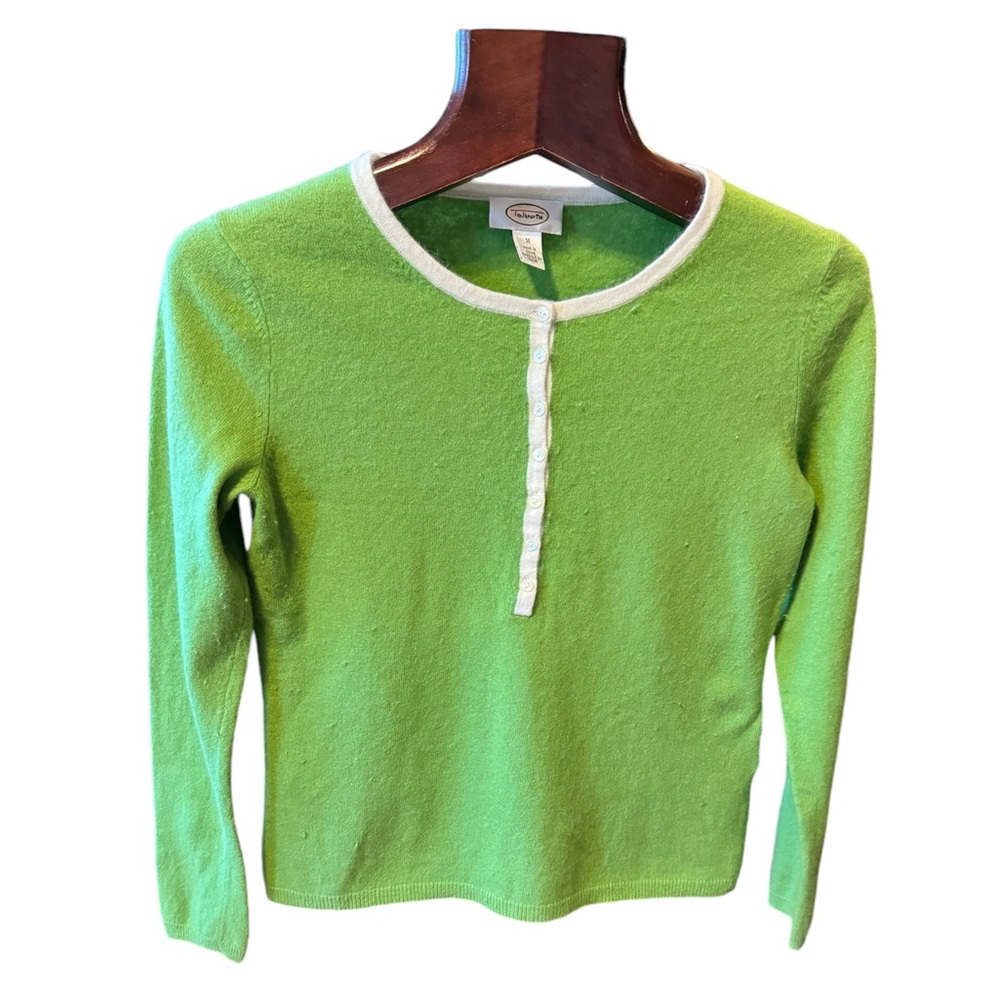 Talbots Lime Green Crewneck Henley Cardigan with Cream Trim